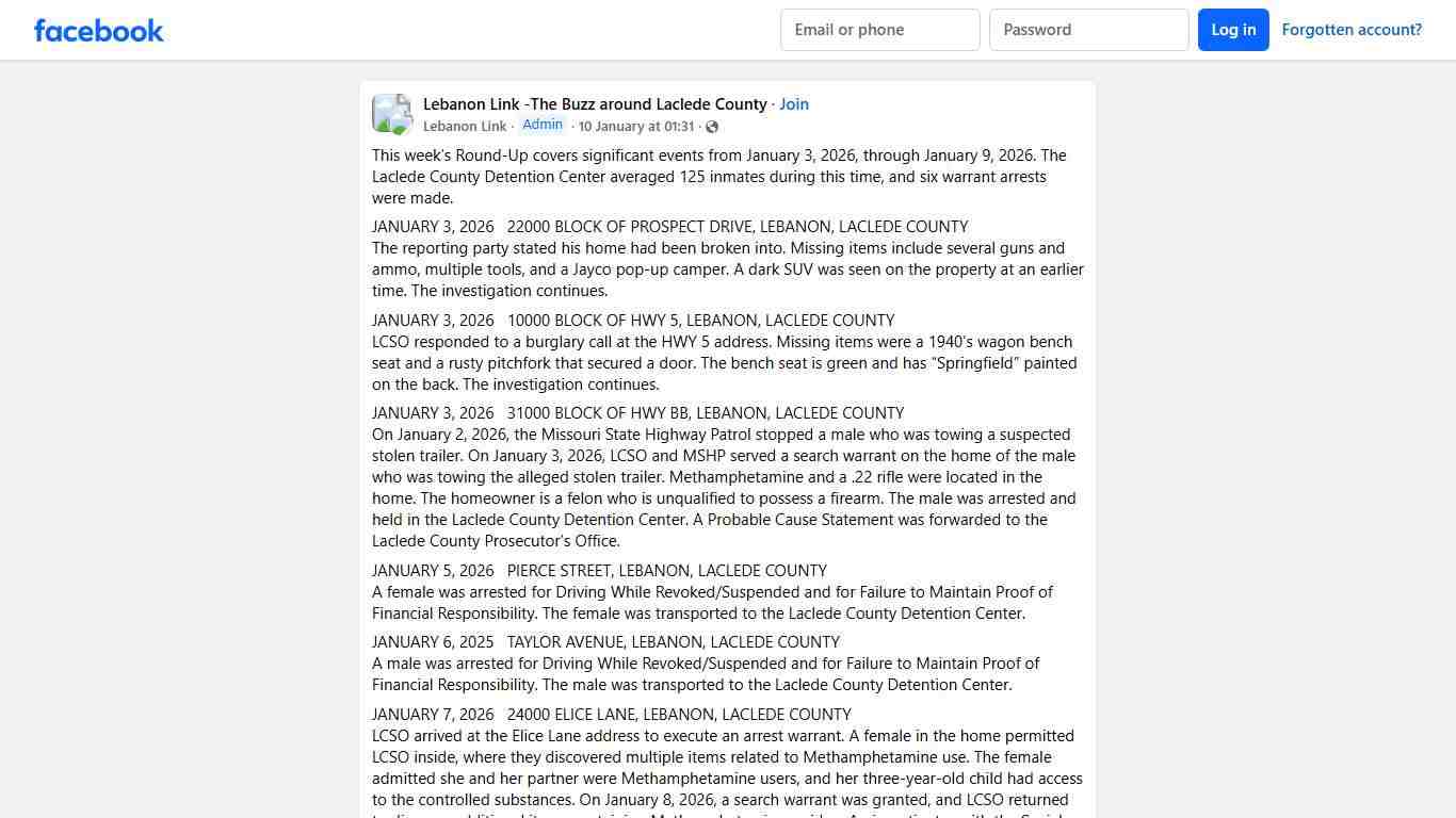 Lebanon Link -The Buzz around Laclede County This week’s Round-Up covers significant events from January 3, 2026, through January 9, 2026 Facebook